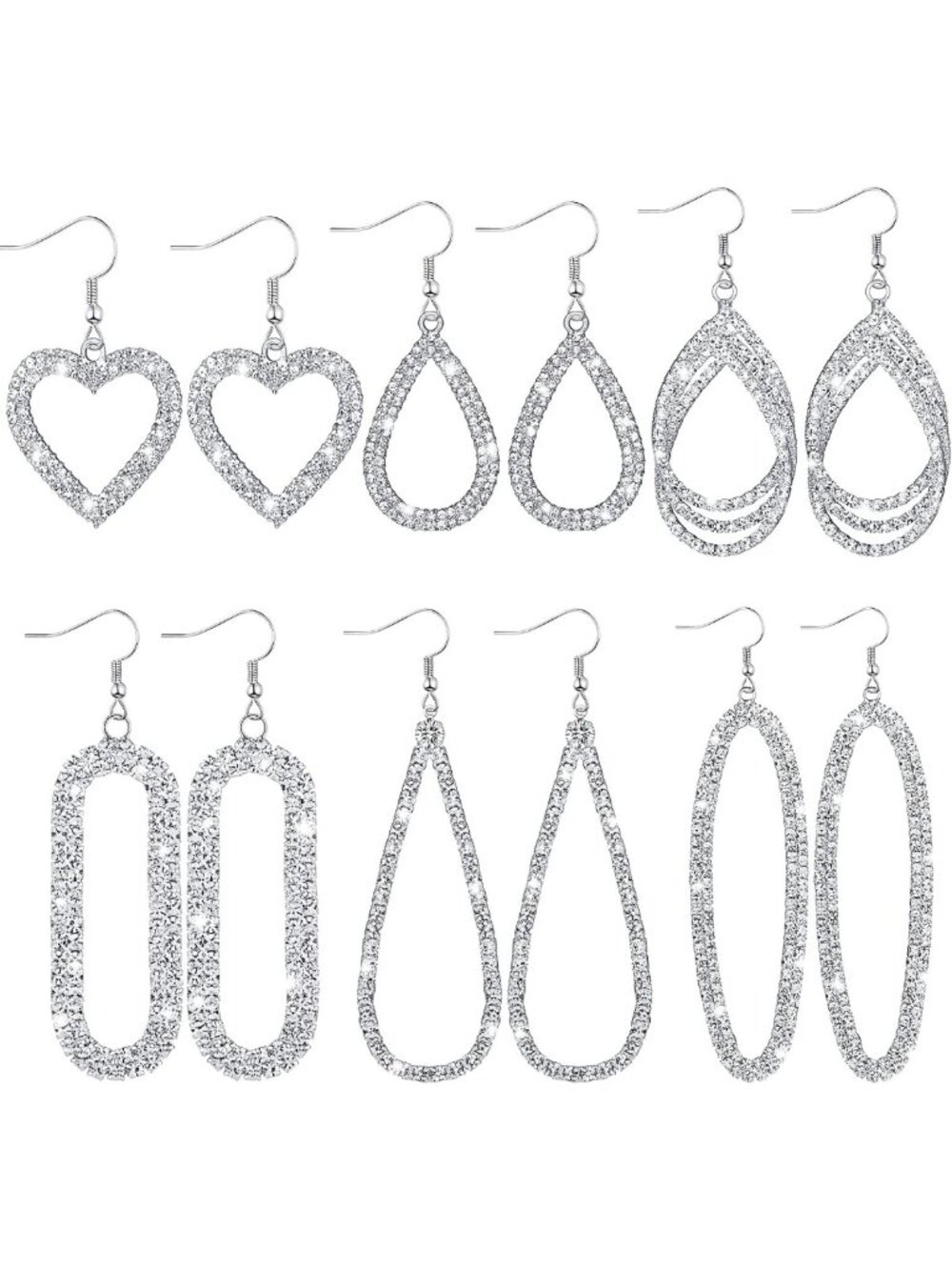 6 Pairs Silver Rhinestone Teardrop Dangle Earrings Set - Boho Bling Jewelry for